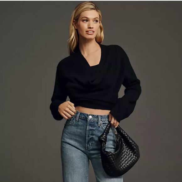 ANTHROPOLOGIE x PILCRO Drape-Neck Cashmere Sweater Black {MM20} - Picture 1 of 9